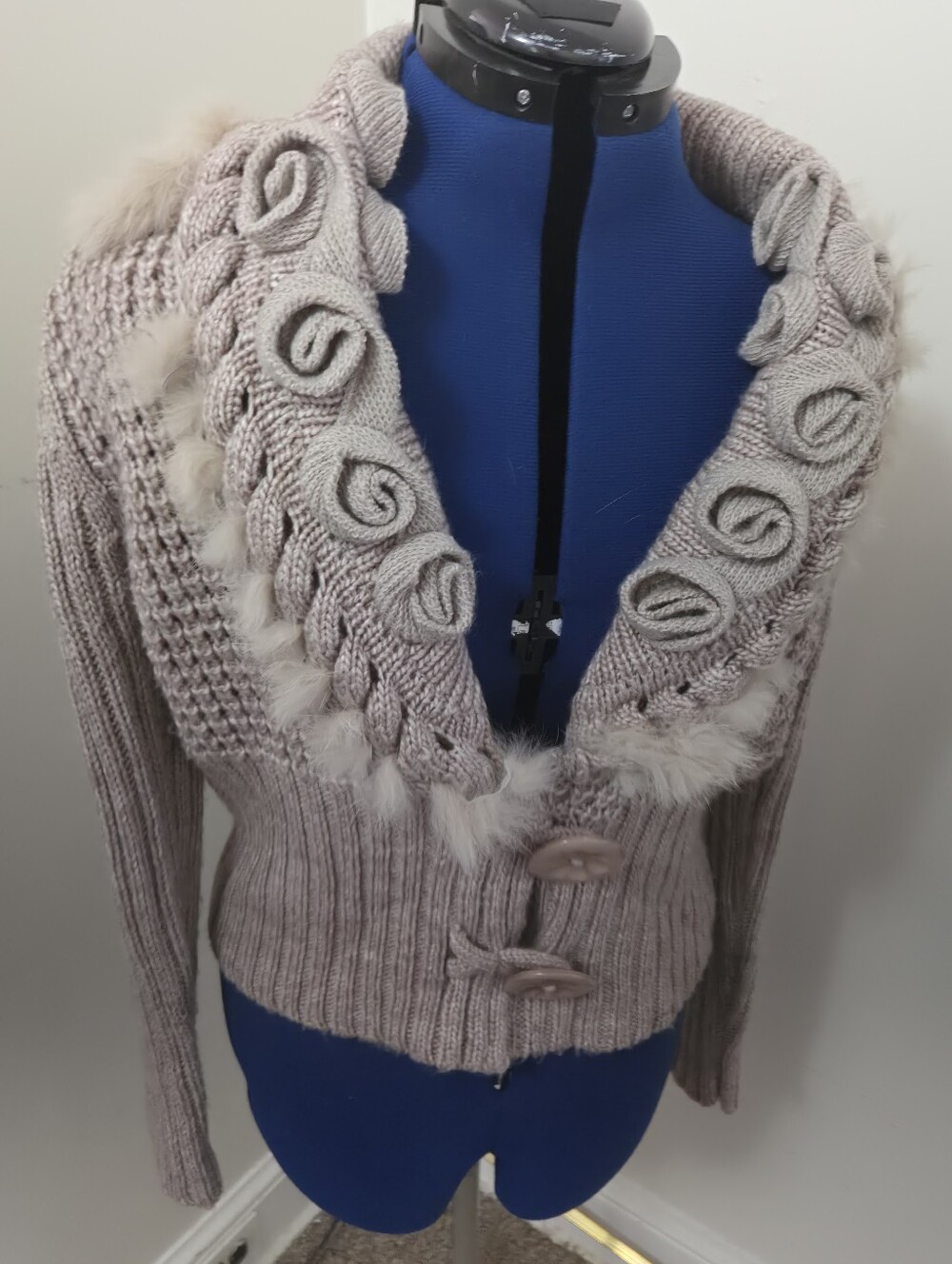 Cardigan Sweater Small Y2k Maximalist Fur Trim Waffleknit Wool Blend